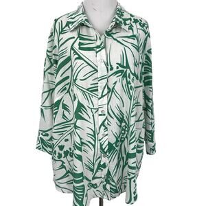 Christian Siriano NY Linen Blend Tropical Leaf Button Shirt Green White L